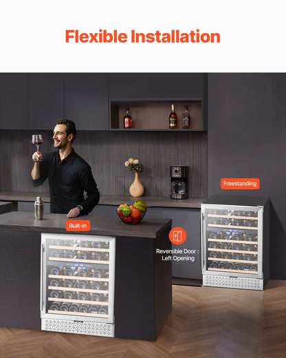 Wine Cooler, 46 Bottle Dual Zone Wine Fridge, Built-in & Freestanding Fridge with Glass Door, Adjustable Shelves, Digital Temperature Control, Wine Cooler Refrigerator for Home, Office, Bar