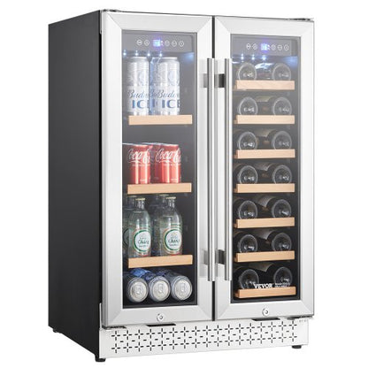 Wine and Beverage Refrigerator, 24 in Dual Zone Wine Cooler, Built-in & Freestanding Fridge with Glass Doors, Adjustable Shelves, Digital Temperature Control, 64 Cans and 20 Bottles Capacity
