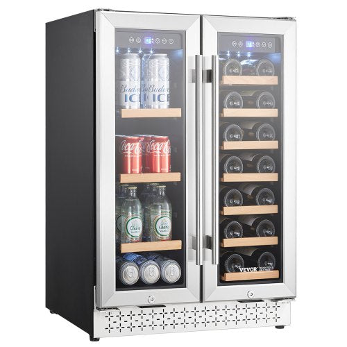 Wine and Beverage Refrigerator, 24 in Dual Zone Wine Cooler, Built-in & Freestanding Fridge with Glass Doors, Adjustable Shelves, Digital Temperature Control, 64 Cans and 20 Bottles Capacity