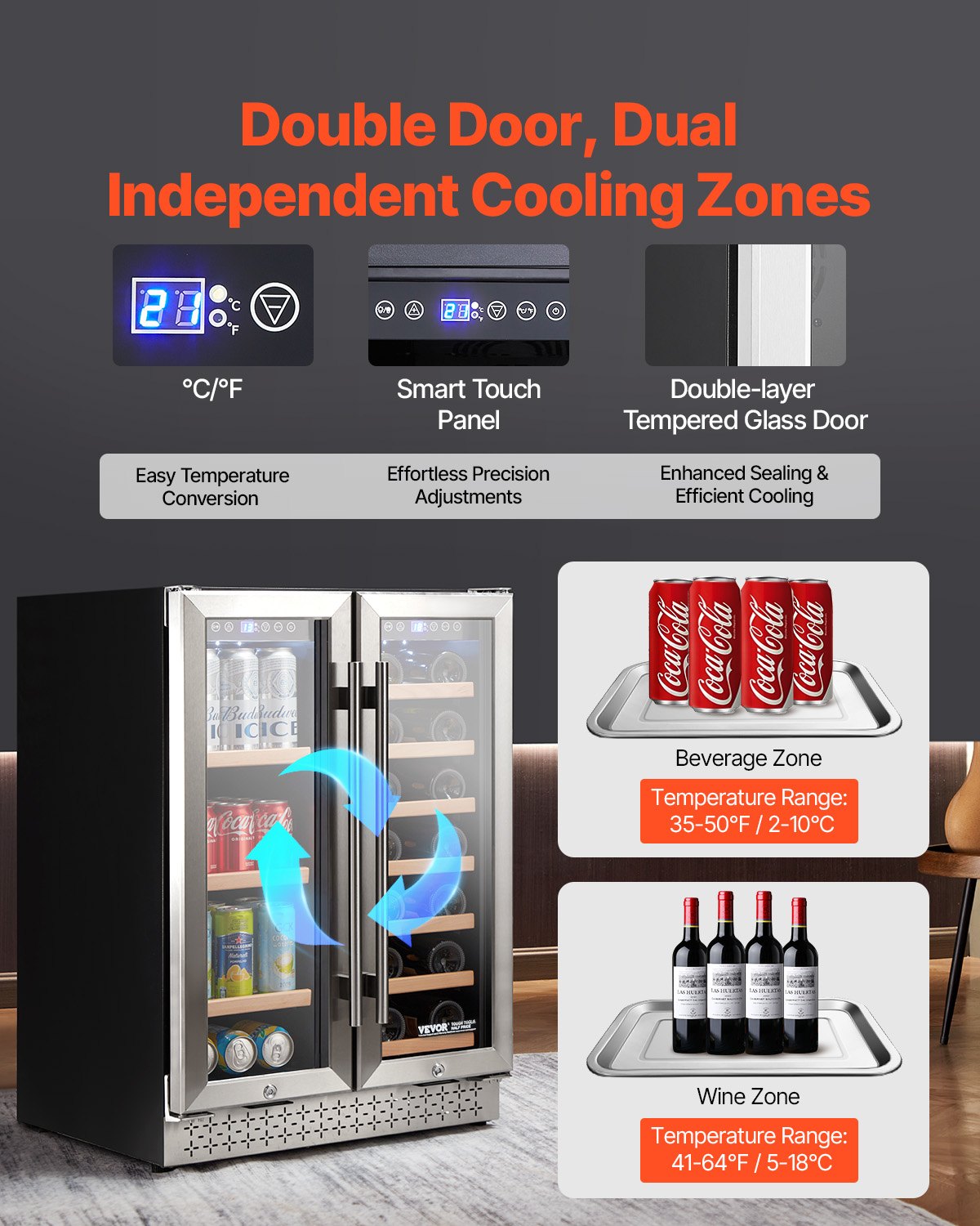 Wine and Beverage Refrigerator, 24 in Dual Zone Wine Cooler, Built-in & Freestanding Fridge with Glass Doors, Adjustable Shelves, Digital Temperature Control, 64 Cans and 20 Bottles Capacity