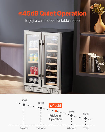 Wine and Beverage Refrigerator, 24 in Dual Zone Wine Cooler, Built-in & Freestanding Fridge with Glass Doors, Adjustable Shelves, Digital Temperature Control, 64 Cans and 20 Bottles Capacity