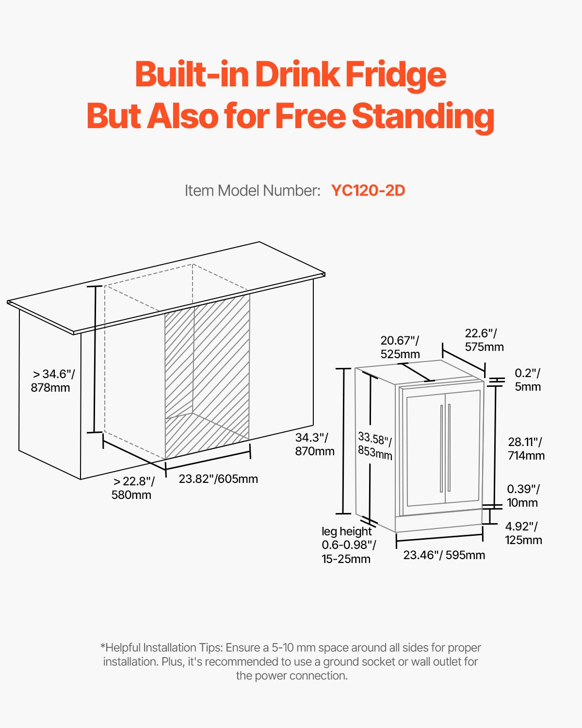 Wine and Beverage Refrigerator, 24 in Dual Zone Wine Cooler, Built-in & Freestanding Fridge with Glass Doors, Adjustable Shelves, Digital Temperature Control, 64 Cans and 20 Bottles Capacity
