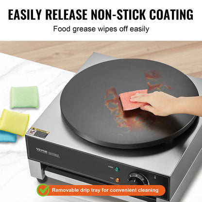 Electric Crepe Maker, 16-Inch Commercial Crepe Machine, 1700W Flat Plate Crepe Griddle, Nonstick Stainless Steel Pancake Making Machine, Desktop Circular Cereals Pancake Stove with Temp Control