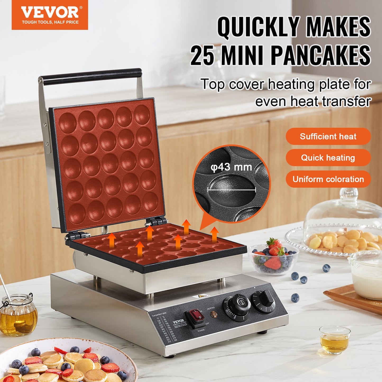 Mini Dutch Pancake Maker, 25PCS 43mm Diameter Dorayaki Baker Machine, 1700W Commercial Electric Poffertjes Grill, Non-stick Stainless Steel, Temp & Time Control, for Home Kitchen Restaurant