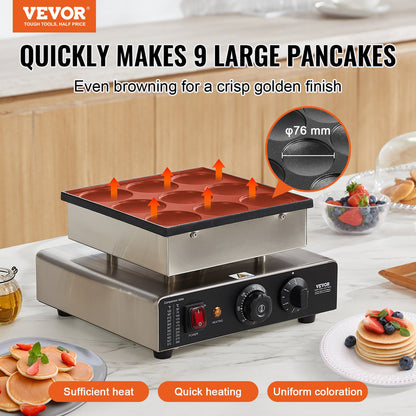 Dutch Pancake Maker, 9PCS 76mm Diameter Dorayaki Baker Machine, 850W Commercial Electric Poffertjes Grill, Non-stick Stainless Steel, Temp & Time Control, for Home Kitchen Restaurant Snack Bar