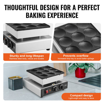 Dutch Pancake Maker, 9PCS 76mm Diameter Dorayaki Baker Machine, 850W Commercial Electric Poffertjes Grill, Non-stick Stainless Steel, Temp & Time Control, for Home Kitchen Restaurant Snack Bar