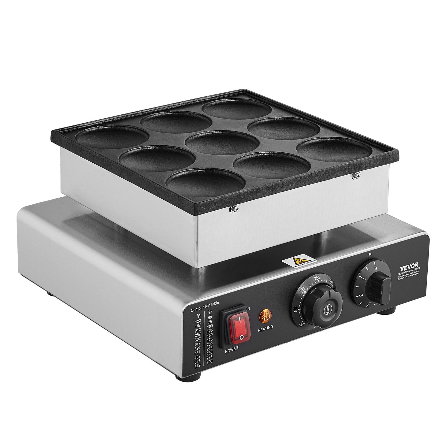 Dutch Pancake Maker, 9PCS 76mm Diameter Dorayaki Baker Machine, 850W Commercial Electric Poffertjes Grill, Non-stick Stainless Steel, Temp & Time Control, for Home Kitchen Restaurant Snack Bar