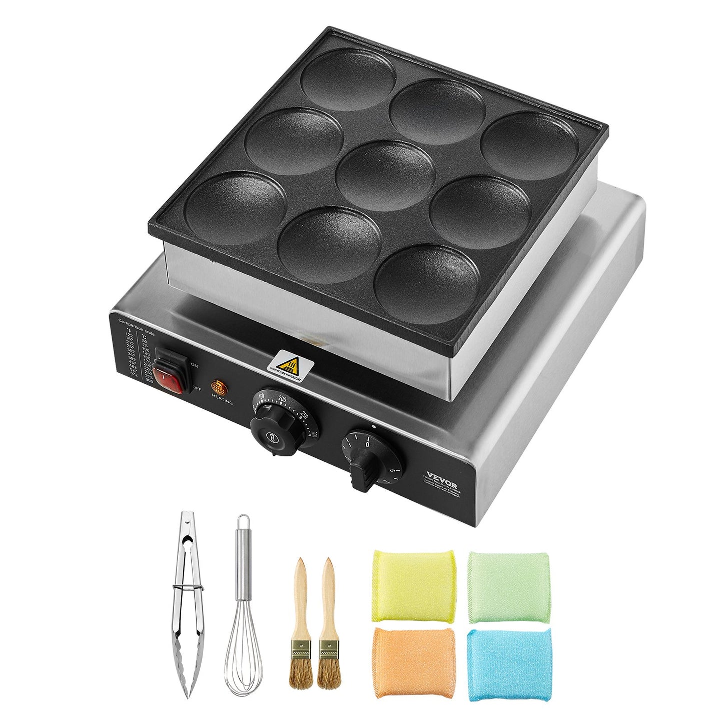 Dutch Pancake Maker, 9PCS 76mm Diameter Dorayaki Baker Machine, 850W Commercial Electric Poffertjes Grill, Non-stick Stainless Steel, Temp & Time Control, for Home Kitchen Restaurant Snack Bar