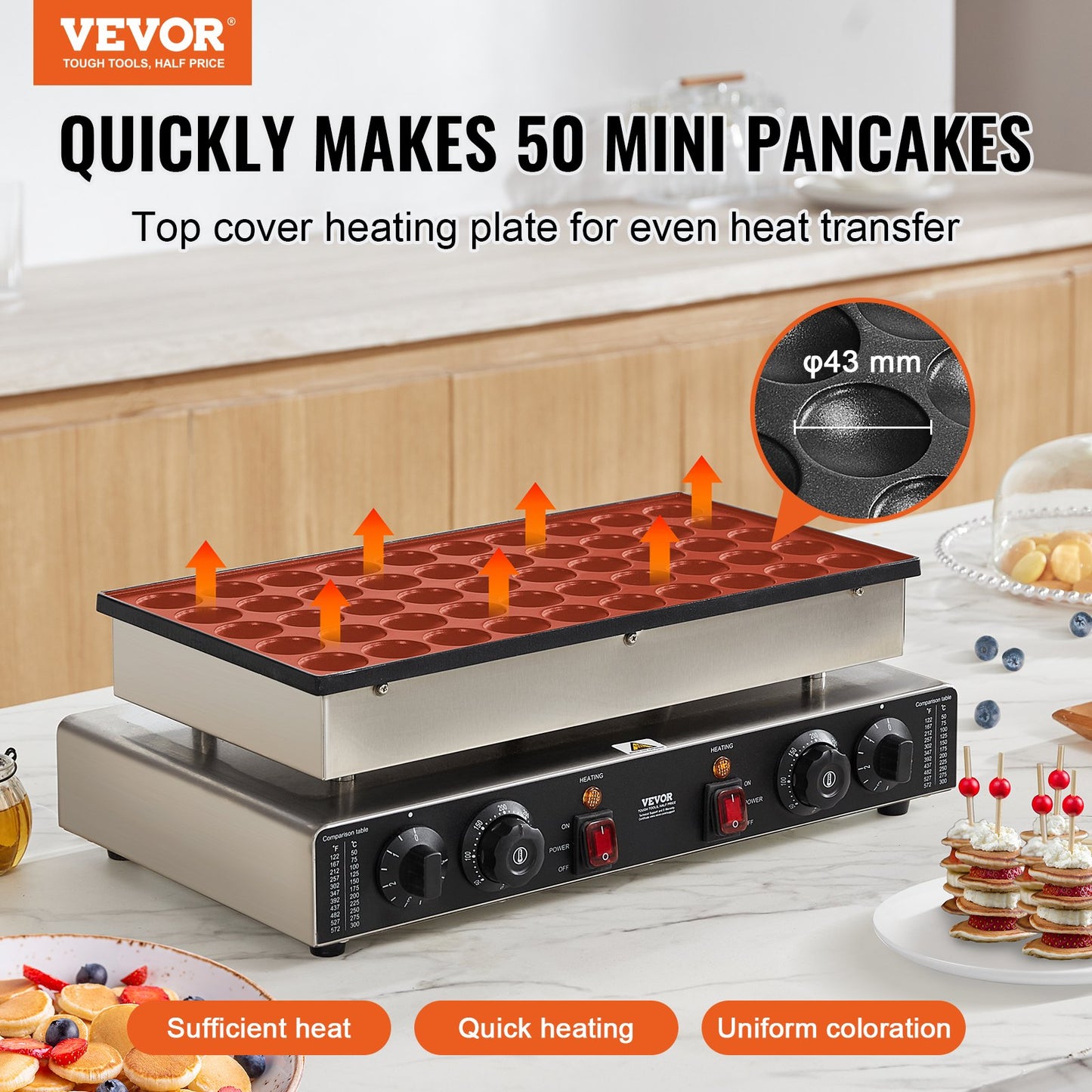 Mini Dutch Pancake Maker, 50PCS 43mm Diameter Dorayaki Baker Machine, 1700W Commercial Electric Poffertjes Grill, Non-stick Stainless Steel, Dual Temp & Time Control, for Home Kitchen Restaurant