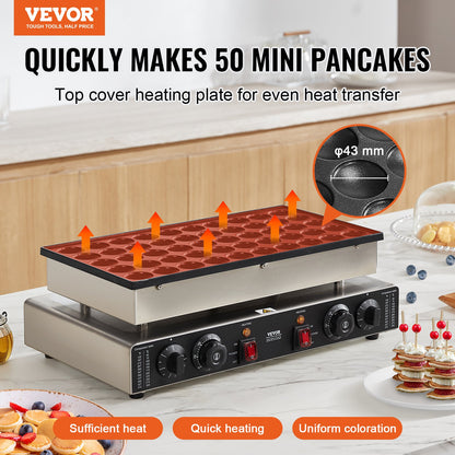 Mini Dutch Pancake Maker, 50PCS 43mm Diameter Dorayaki Baker Machine, 1700W Commercial Electric Poffertjes Grill, Non-stick Stainless Steel, Dual Temp & Time Control, for Home Kitchen Restaurant