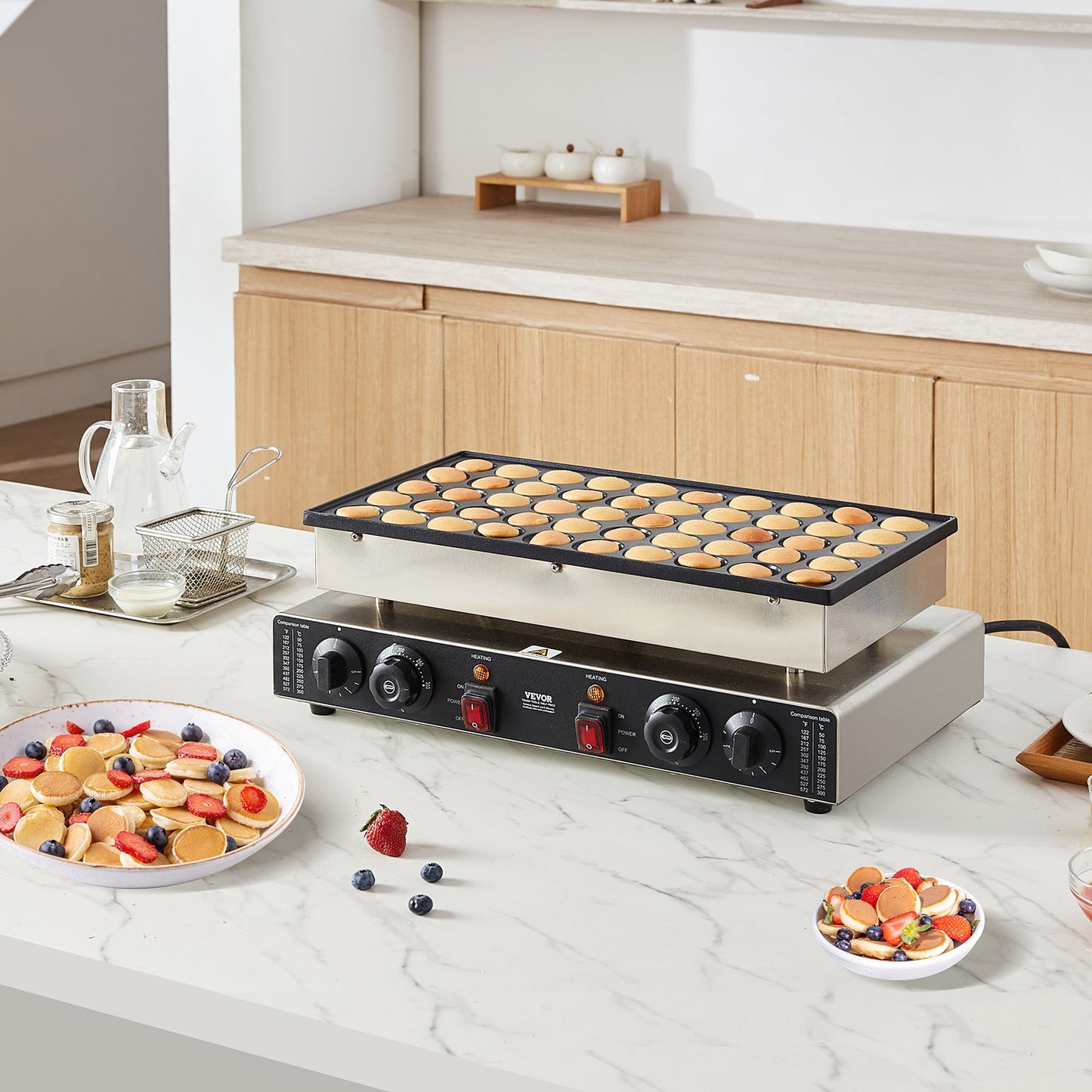 Mini Dutch Pancake Maker, 50PCS 43mm Diameter Dorayaki Baker Machine, 1700W Commercial Electric Poffertjes Grill, Non-stick Stainless Steel, Dual Temp & Time Control, for Home Kitchen Restaurant