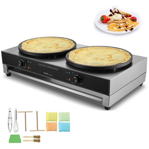 Electric Crepe Maker, 16-Inch Double Head Commercial Crepe Machine, 3400W Flat Plate Crepe Griddle, Nonstick Stainless Steel Pancake Making, Desktop Circular Cereals Pancake Stove, AC120V 60Hz