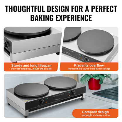 Electric Crepe Maker, 16-Inch Double Head Commercial Crepe Machine, 3400W Flat Plate Crepe Griddle, Nonstick Stainless Steel Pancake Making, Desktop Circular Cereals Pancake Stove, AC120V 60Hz
