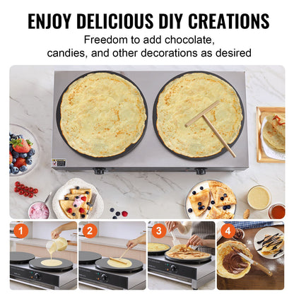 Electric Crepe Maker, 16-Inch Double Head Commercial Crepe Machine, 3400W Flat Plate Crepe Griddle, Nonstick Stainless Steel Pancake Making, Desktop Circular Cereals Pancake Stove, AC120V 60Hz