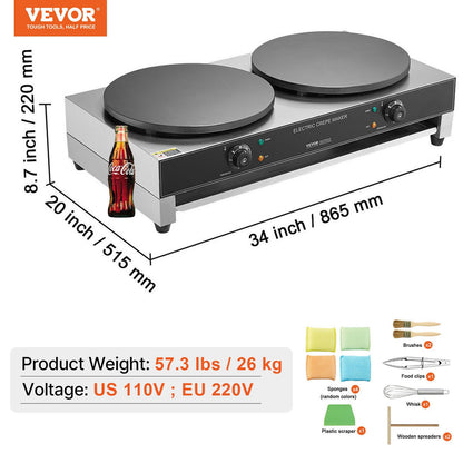 Electric Crepe Maker, 16-Inch Double Head Commercial Crepe Machine, 3400W Flat Plate Crepe Griddle, Nonstick Stainless Steel Pancake Making, Desktop Circular Cereals Pancake Stove, AC120V 60Hz