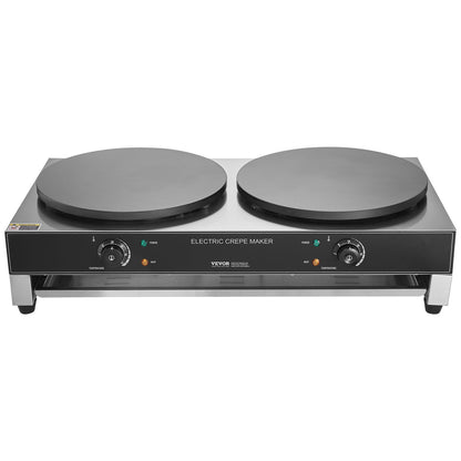 Electric Crepe Maker, 16-Inch Double Head Commercial Crepe Machine, 3400W Flat Plate Crepe Griddle, Nonstick Stainless Steel Pancake Making, Desktop Circular Cereals Pancake Stove, AC120V 60Hz