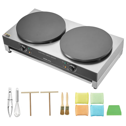 Electric Crepe Maker, 16-Inch Double Head Commercial Crepe Machine, 3400W Flat Plate Crepe Griddle, Nonstick Stainless Steel Pancake Making, Desktop Circular Cereals Pancake Stove, AC120V 60Hz