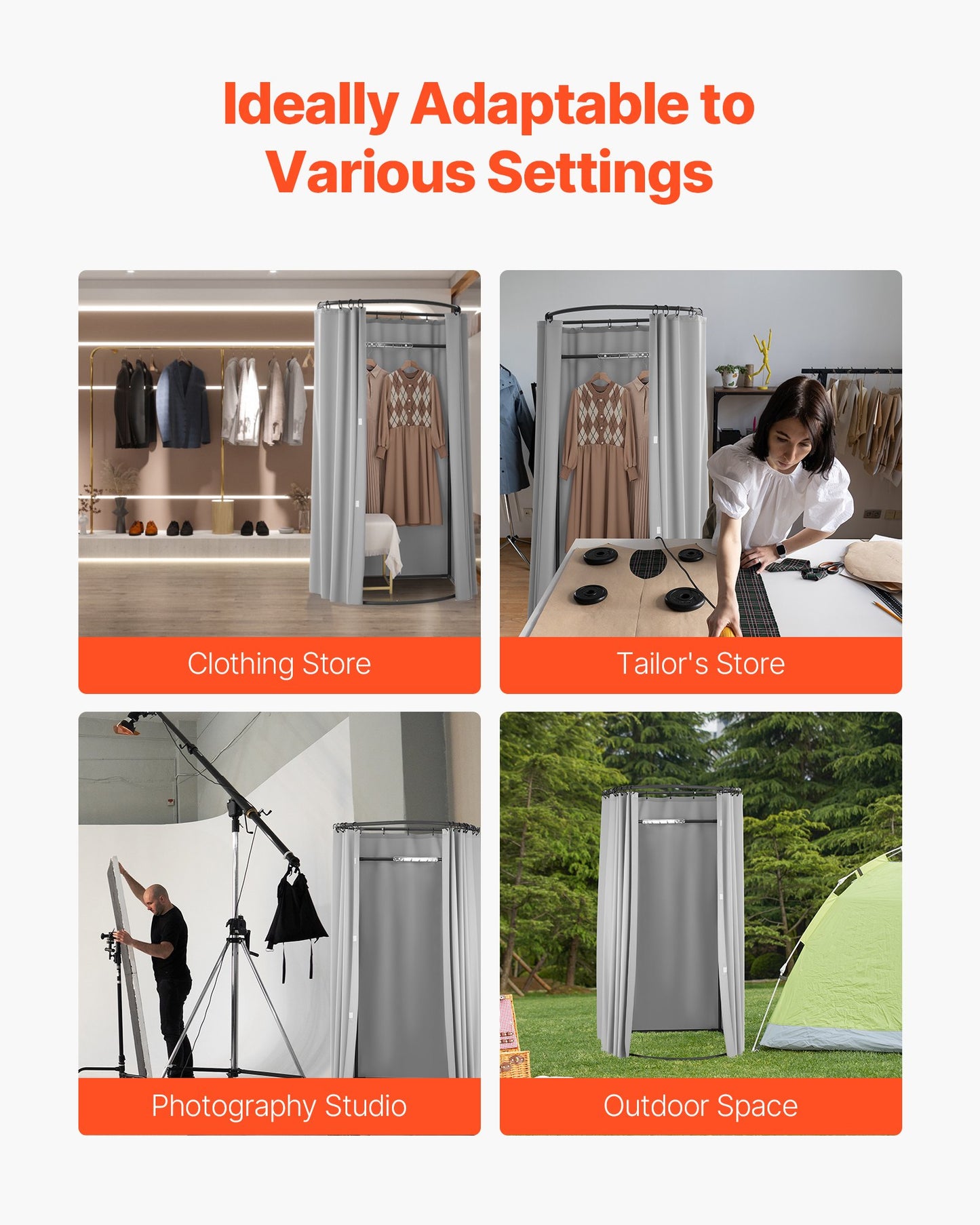 Fitting Room, Dressing Room with Thick Polyester Curtains, Privacy Space with Shading Curtain and a Hook, for Boutique, Mall, Tailor's Store & Outdoor 39 x 37 x 79 in (Black and Gray-White)