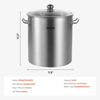 Stainless Steel Stockpot, 24 Quart Cooking Pots, Cookware Sauce Pot with Lid, and Handle, Heavy Duty Commercial Grade Stock Pot, Sanding Treatment, for Steaming Boiling or Frying Silver