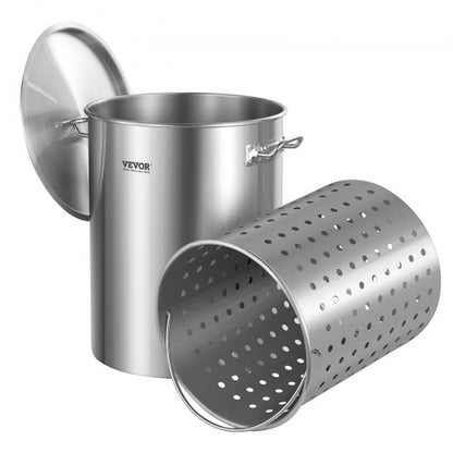 Stainless Steel Stockpot, 36 Quart Cooking Pots, Cookware Sauce Pot with Basket, Lid, and Handle, Heavy Duty Commercial Grade Stock Pot, Sanding Treatment, for Steaming Boiling or Frying Silver