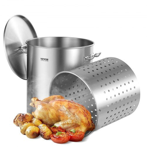Stainless Steel Stockpot, 54L Large Cooking Pots, Cookware Sauce Pot with Basket, Lid, and Handle, Heavy Duty Commercial Grade Stock Pot, Sanding Treatment, for Large Groups Events Silver