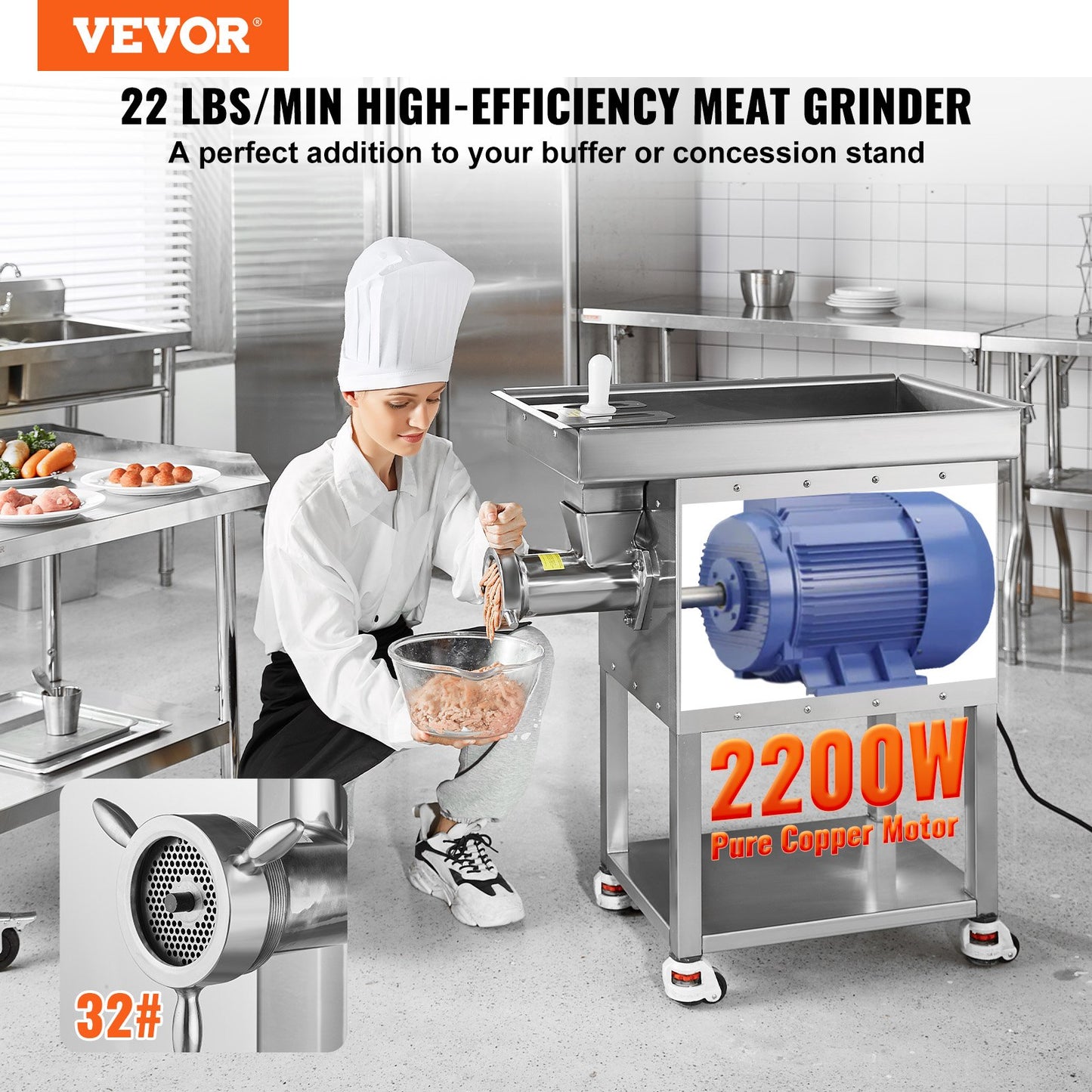 Commercial Electric Meat Grinder 22Lb/Min 2200W Industrial Cabinet Grinder