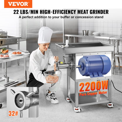 Commercial Electric Meat Grinder 22Lb/Min 2200W Industrial Cabinet Grinder