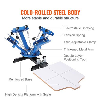 4 Color 1 Station Screen Printing Machine, 21.2x17.7in / 54x45cm Screen Printing Press 360° Rotable Silk, Double-Layer Positioning Pallet for T-Shirt DIY Printing