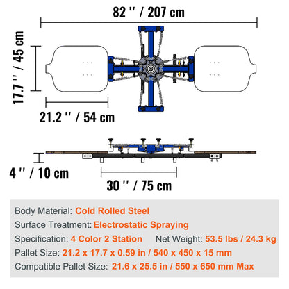 Screen Printing Machine, 4 Color 2 Station, 360° Rotable Silk Screen Printing Press, 21.2 x 17.7in / 54 x 45cm Screen Printing Press, Dual-layer Positioning Pallet for DIY T-shirt Printing