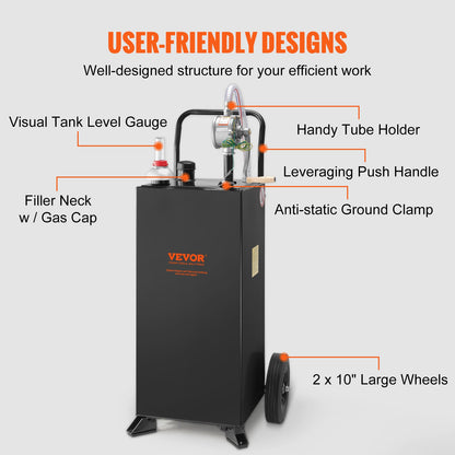 30 Gallon Gas Caddy, Fuel Storage Tank with Wheels, Portable Fuel Caddy with Manuel Transfer Pump, Gasoline Diesel Fuel Container for Cars, Lawn Mowers, ATVs, Boats, More, Black