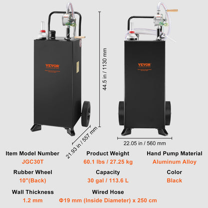 30 Gallon Gas Caddy, Fuel Storage Tank with Wheels, Portable Fuel Caddy with Manuel Transfer Pump, Gasoline Diesel Fuel Container for Cars, Lawn Mowers, ATVs, Boats, More, Black