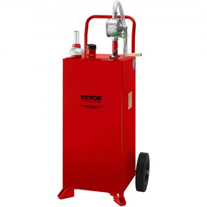30 Gallon Fuel Caddy, Fuel Storage Tank on 2 Wheels, Portable Gas Caddy with Manuel Transfer Pump, Gasoline Diesel Fuel Container for Cars, Lawn Mowers, ATVs, Boats, More, Red