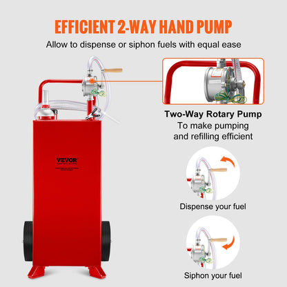 30 Gallonen Kraftstoffbehälter, Kraftstofftank auf 2 Rädern, tragbarer Gasbehälter mit manueller Transferpumpe, Benzin-Diesel-Kraftstoffbehälter für Autos, Rasenmäher, Geländefahrzeuge, Boote usw., Rot