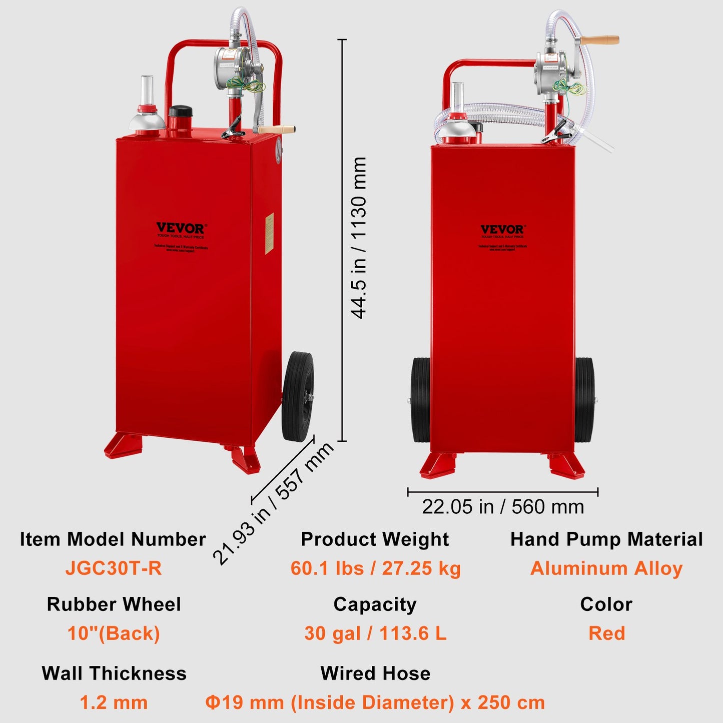 30 Gallonen Kraftstoffbehälter, Kraftstofftank auf 2 Rädern, tragbarer Gasbehälter mit manueller Transferpumpe, Benzin-Diesel-Kraftstoffbehälter für Autos, Rasenmäher, Geländefahrzeuge, Boote usw., Rot
