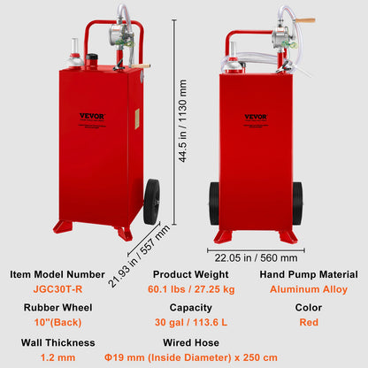 30 Gallonen Kraftstoffbehälter, Kraftstofftank auf 2 Rädern, tragbarer Gasbehälter mit manueller Transferpumpe, Benzin-Diesel-Kraftstoffbehälter für Autos, Rasenmäher, Geländefahrzeuge, Boote usw., Rot