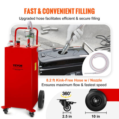 30 Gallon Fuel Caddy, gaslagringstank och 4 hjul, med manuell överföringspump, bensindieselbränslebehållare för bilar, gräsklippare, terränghjulingar, båtar, mer, röd