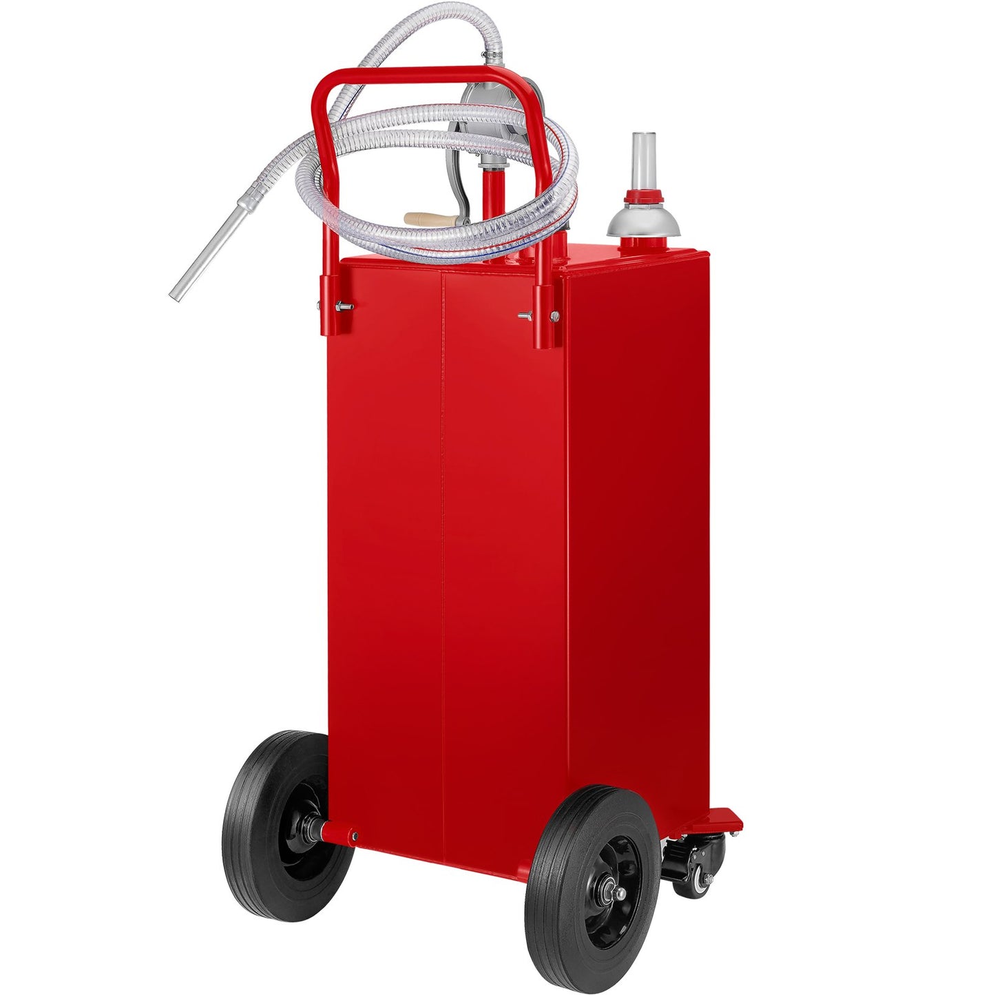 30 Gallon Fuel Caddy, gaslagringstank och 4 hjul, med manuell överföringspump, bensindieselbränslebehållare för bilar, gräsklippare, terränghjulingar, båtar, mer, röd
