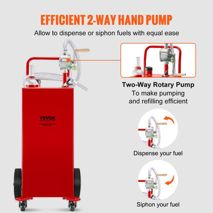 30 Gallon Fuel Caddy, Gas Storage Tank & 4 Wheels, with Manuel Transfer Pump, Gasoline Diesel Fuel Container for Cars, Lawn Mowers, ATVs, Boats, More, Red