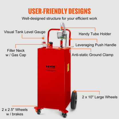 30 Gallon Fuel Caddy, Gas Storage Tank & 4 Wheels, with Manuel Transfer Pump, Gasoline Diesel Fuel Container for Cars, Lawn Mowers, ATVs, Boats, More, Red