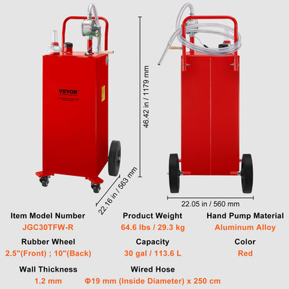 30 Gallon Fuel Caddy, Gas Storage Tank & 4 Wheels, with Manuel Transfer Pump, Gasoline Diesel Fuel Container for Cars, Lawn Mowers, ATVs, Boats, More, Red