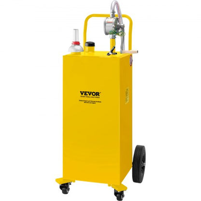 30 Gallon Fuel Caddy, Gas Storage Tank & 4 Wheels, with Manuel Transfer Pump, Gasoline Diesel Fuel Container for Cars, Lawn Mowers, ATVs, Boats, More, Yellow