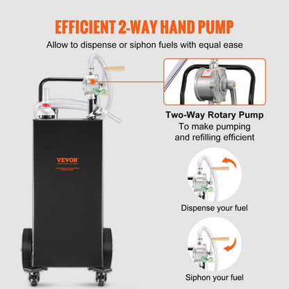 Fuel Caddy Fuel Storage Tank 35 Gallon 4 Wheels with Manual Pump, Black