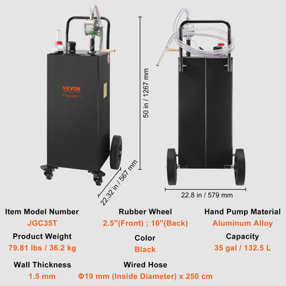 Fuel Caddy Fuel Storage Tank 35 Gallon 4 Wheels with Manual Pump, Black