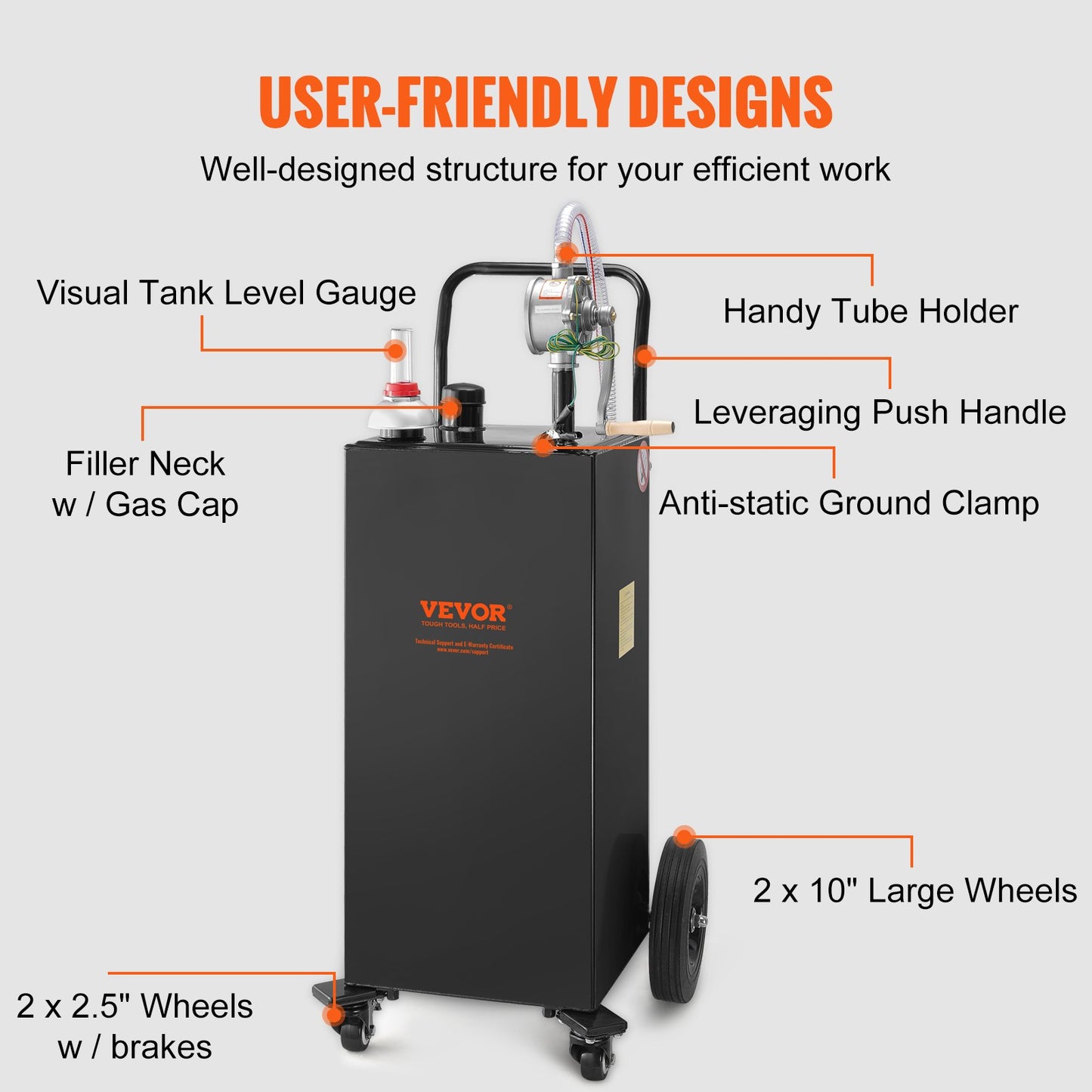 Fuel Caddy, 35 Gallon, Gas Storage Tank on 4 Wheels, with Manual Transfer Pump, Gasoline Diesel Fuel Container for Cars, Lawn Mowers, ATVs, Boats, More, Black