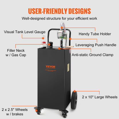 Fuel Caddy, 35 Gallon, Gas Storage Tank on 4 Wheels, with Manual Transfer Pump, Gasoline Diesel Fuel Container for Cars, Lawn Mowers, ATVs, Boats, More, Black