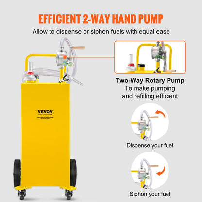 Fuel Caddy, 35 Gallon, Gas Storage Tank on 4 Wheels, with Manual Transfer Pump, Gasoline Diesel Fuel Container for Cars, Lawn Mowers, ATVs, Boats, More, Yellow
