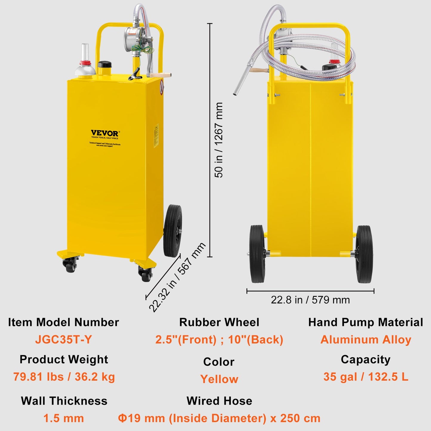 Fuel Caddy, 35 Gallon, Gas Storage Tank on 4 Wheels, with Manual Transfer Pump, Gasoline Diesel Fuel Container for Cars, Lawn Mowers, ATVs, Boats, More, Yellow