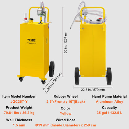 Fuel Caddy, 35 Gallon, Gas Storage Tank on 4 Wheels, with Manual Transfer Pump, Gasoline Diesel Fuel Container for Cars, Lawn Mowers, ATVs, Boats, More, Yellow