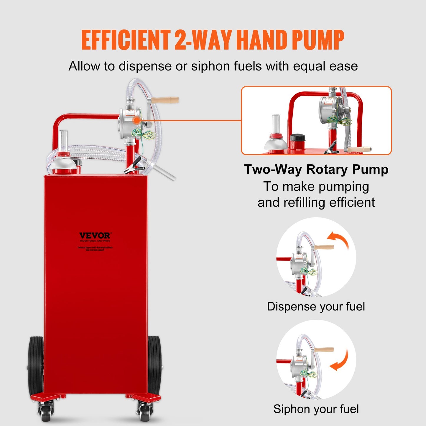 Fuel Caddy, 35 Gallon, Gas Storage Tank on 4 Wheels, with Manuel Transfer Pump, Gasoline Diesel Fuel Container for Cars, Lawn Mowers, ATVs, Boats, More, Red