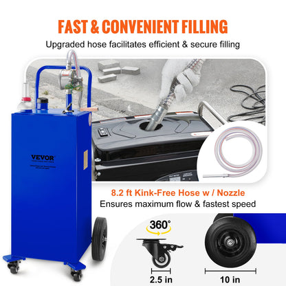 30 gallon bränslebehållare, gaslagringstank och 4 hjul, med manuell överföringspump, bensindieselbränslebehållare för bilar, gräsklippare, terränghjulingar, båtar, mer, blå